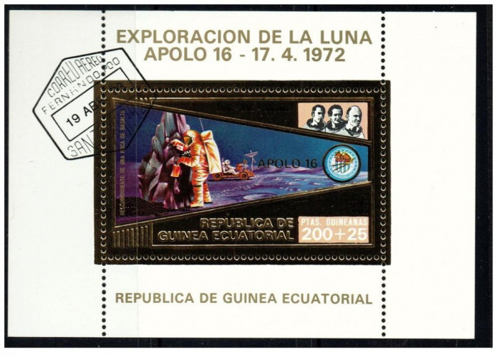 Guinea Equatorial 1973 misiunile Apollo -16- colita stampilata cu foita de aur