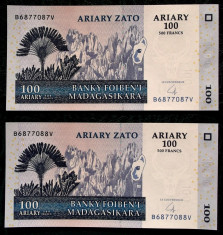 LOT MADAGASCAR 2 x 100 ARIARY ( 500 FRANCS ) 2004 UNC consecutive ** foto