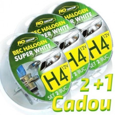 Pachet Set 2 becuri auto cu halogen pentru far Ro Group H4 Super White, 12V, 60/55W, P43 2+1 Gratuit! foto