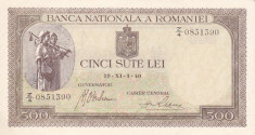 ROMANIA 500 lei 1940 - filigran orizontal AUNC!!! foto