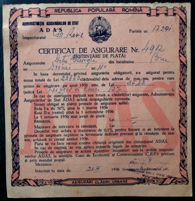 CERTIFICAT DE ASIGURARE ADAS RPR 1956 ** foto