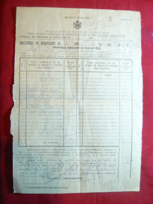 Buletin de verificare pt.Masuri si Greutati pentru Metale Pretioase 1941 foto