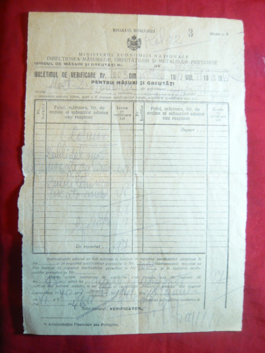 Buletin de verificare pt.Masuri si Greutati pentru Metale Pretioase 1941
