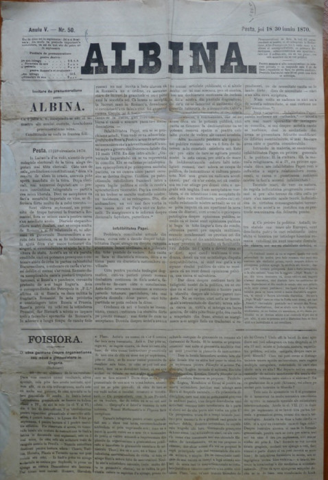 Ziarul Albina , nr. 50 , 1870 , Budapesta , in limba romana , Director V. Babes