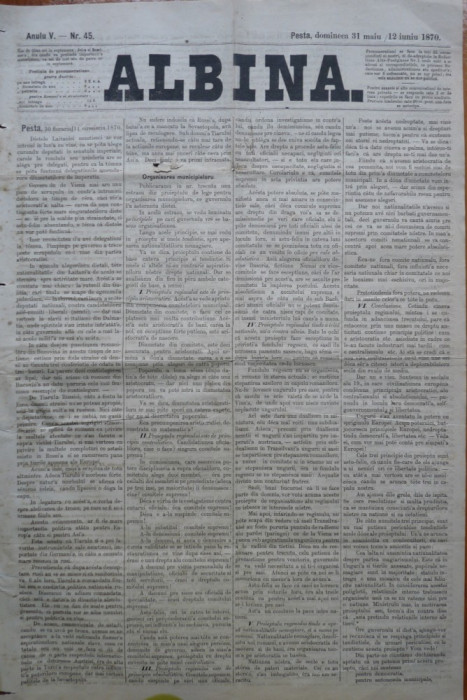 Ziarul Albina , nr. 45 , 1870 , Budapesta , in limba romana , Director V. Babes