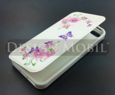 HUSA IPHONE 5 5S TOC FLIP COVER TIP CARTE STRASURI FLORI FLUTURI PREMIUM foto