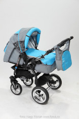 Carucior copii 3 in 1 Baby-Merc Junior Plus (gri deschis cu turcuaz) foto