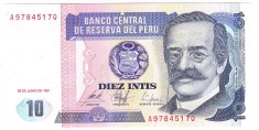 Bancnota Peru 10 DIEZ INTIS 1987 UNC foto