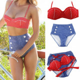 Costum de baie pin-up-cu talia inalta-sutien cu push up imitatie blugi, Doua piese, L/XL