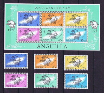 ANGUILLA 1974 CENTENAR UPU COLITA +SERIE NESTAMPILATA foto