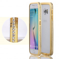 Bumper metal auriu cristale pentru Samsung Galaxy S6 + folie ecran cadou