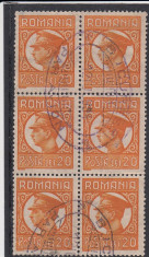 ROMANIA 1931 , CAROL II UZUALE PTT 20 LEI BLOC DE 6 STAMPILAT PAR AVION foto