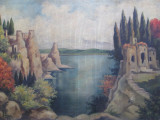 Peisaj de munte cu lac si ruine, ulei pe panza, Peisaje, Realism