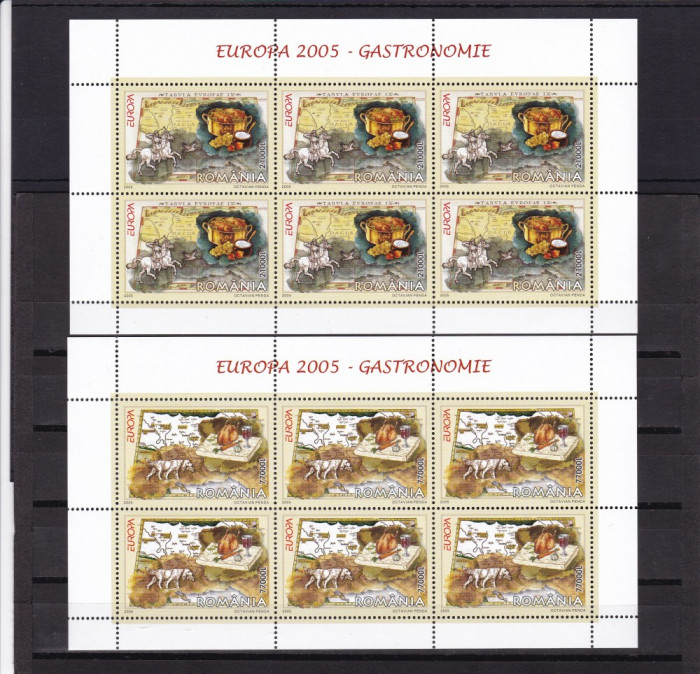 ROMANIA 2005 LP 1683 b EUROPA 2005 GASTRONOMIE PERECHE BLOCURI DE 6 TIMBRE MNH