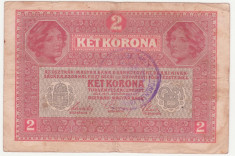 (2) BANCNOTA 2 CORONA 1 MARTIE 1917 - STAMPILA TORONTAL-VARMEDYE foto