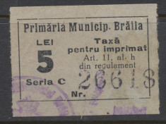 RFL anii 1930 ROMANIA Braila timbru fiscal municipal de 5 lei uzat foto