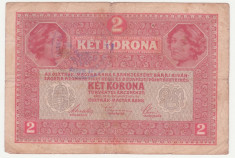 (1) BANCNOTA 2 CORONA 1 MARTIE 1917 - STAMPILA TORONTAL-VARMEDYE - RARA foto