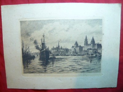 Gravura veche - Port German , semnat in creion ,18,5x12,5 cm foto