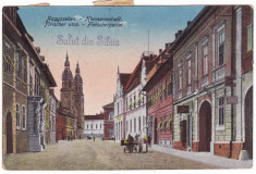 #1852- Romania, salut. Nagyszeben, Sibiu cp. circ. 1921: Str. Fleischer, animat foto