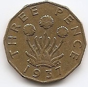 Marea Britanie 3 Pence 1937 - George VI (with &amp;quot;IND:IMP&amp;quot;) JM1 , 21.8 mm KM-849 foto