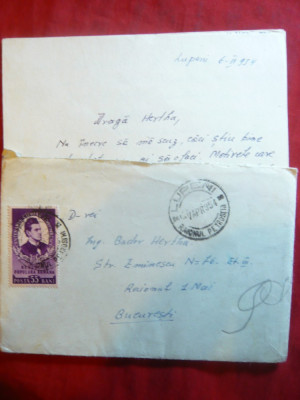 Plic si scrisoare cu 55 bani Ciprian Porumbescu ,circ.Lupeni-Bucuresti 1954 foto