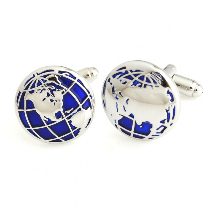 Butoni camasa EARTH ATLAS metalici argintii bleu+ cutie simpla cadou