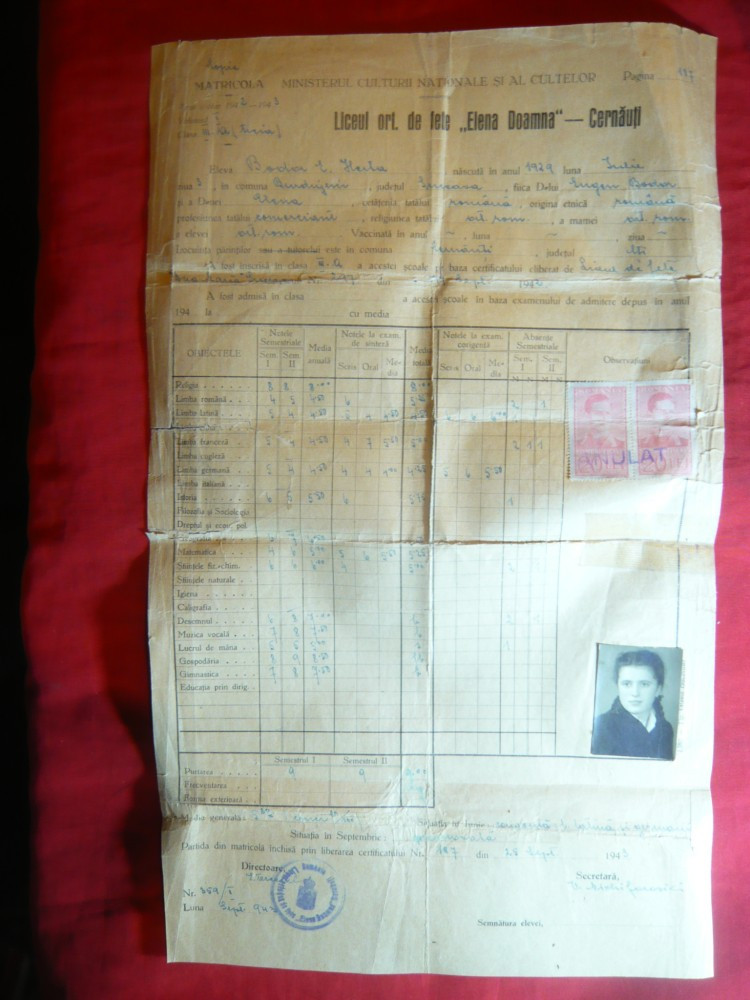 Foaie Matricola Liceul de Fete Elena Doamna - Cernauti 1943 | Okazii.ro
