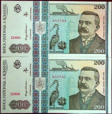 Lot / Set 2 BANCNOTE ROMANIA, 200 lei - 1992, serii consecutive *UNC Antipa foto