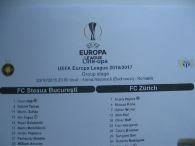 Steaua Bucuresti - FC Zurich (20 octombrie 2016) / foaie de joc foto