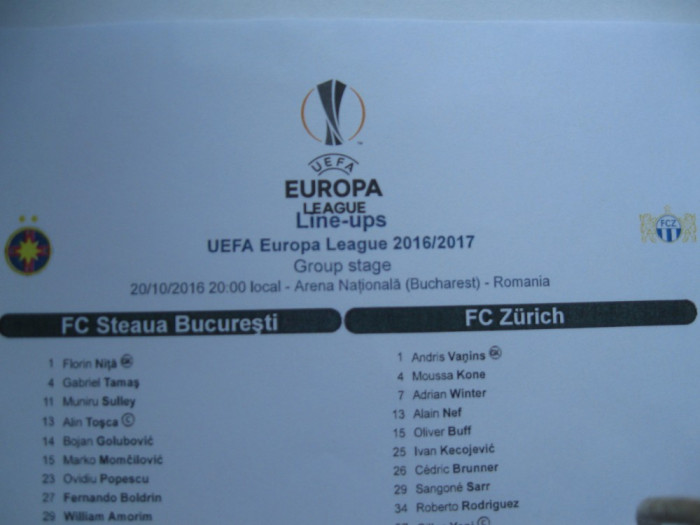 Steaua Bucuresti - FC Zurich (20 octombrie 2016) / foaie de joc