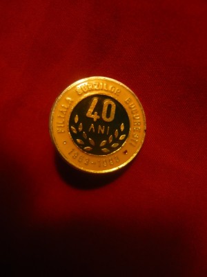 Insigna Filiala Surzilor Bucuresti - 40 Ani , metal si email , d= 2 cm foto