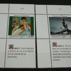 ONU GENEVA 1989 – ARTICOLELE 3 si 4 DREPTURILE OMULUI, serie MNH cu VINIETA, A30