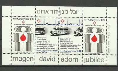 ISRAEL 1980 &amp;ndash; CRUCEA ROSIE, DONATORI DE SANGE,AMBULANTE, bloc MNH, G603 foto