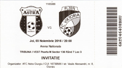 Bilet meci fotbal ASTRA GIURGIU - VIKTORIA PLZEN 03.11.2016 foto