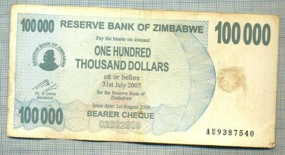 A1539 BANCNOTA-ZIMBABWE- 100 000 DOLLARS -2006-SERIA 9387540-starea care se vede foto