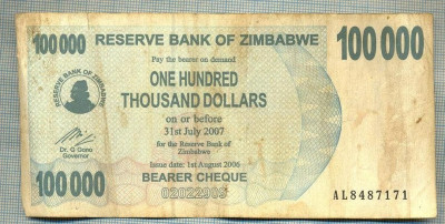 A1540 BANCNOTA-ZIMBABWE- 100 000 DOLLARS -2006-SERIA 8487171-starea care se vede foto