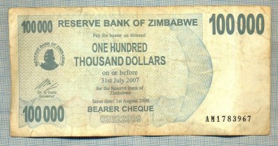 A1541 BANCNOTA-ZIMBABWE- 100 000 -2007-SERIA 1783967-starea care se vede foto