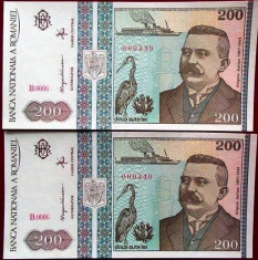 Lot / Set 2 BANCNOTE ROMANIA, 200 lei - 1992, serii consecutive *UNC Antipa foto