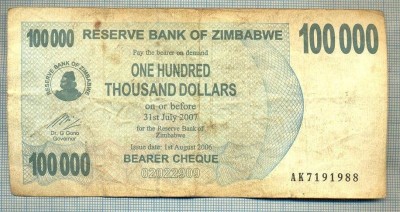 A1549 BANCNOTA-ZIMBABWE- 100 000 -2007-SERIA 7191988-starea care se vede foto