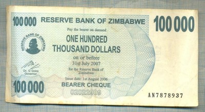 A1543 BANCNOTA-ZIMBABWE- 100 000 -2007-SERIA 7878937-starea care se vede foto