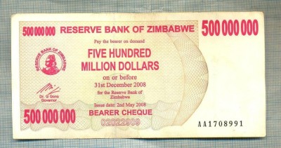 A1578BANCNOTA-ZIMBABWE-500 000 000 DOLLARS-2008-SERIA1708991-starea care se vede foto