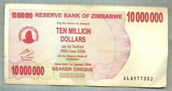 A1585 BANCNOTA-ZIMBABWE-10 000 000 DOLLARS-2008-SERIA4977552-starea care se vede