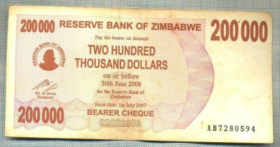 A1557 BANCNOTA-ZIMBABWE- 200 000 -2007-SERIA 7280594-starea care se vede foto