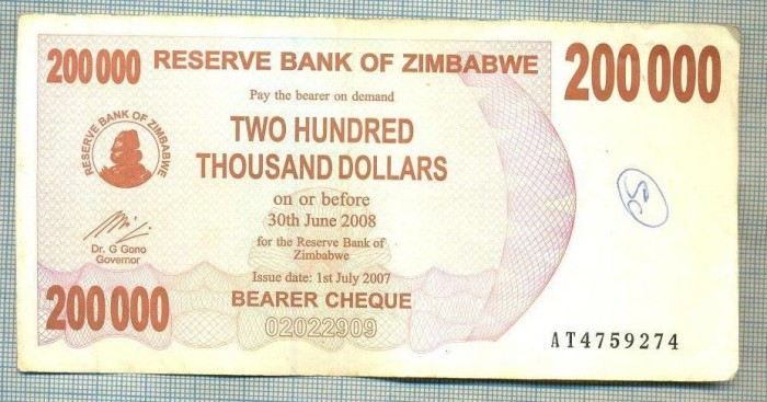 A1567 BANCNOTA-ZIMBABWE- 200 000 -2007-SERIA 4759274-starea care se vede