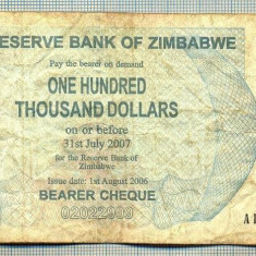 A1609 BANCNOTA-ZIMBABWE- 100 000 DOLLARS -2006-SERIA 5962276-starea care se vede