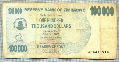 A1623 BANCNOTA-ZIMBABWE- 100 000 DOLLARS -2006-SERIA 4417914-starea care se vede foto