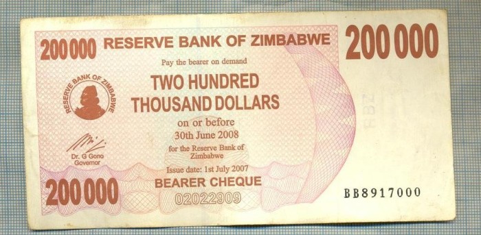 A1687 BANCNOTA-ZIMBABWE- 200 000 DOLLARS -2007-SERIA 8917000-starea care se vede