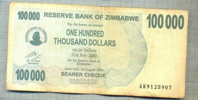 A1668 BANCNOTA-ZIMBABWE- 100 000 DOLLARS -2006-SERIA 9125907-starea care se vede foto