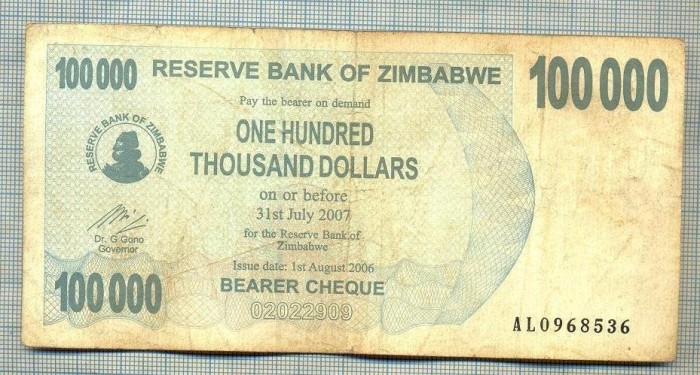 A1624 BANCNOTA-ZIMBABWE- 100 000 DOLLARS -2006-SERIA 0968536-starea care se vede