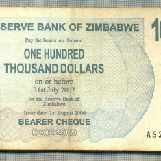 A1618 BANCNOTA-ZIMBABWE- 100 000 DOLLARS -2006-SERIA 2136008-starea care se vede